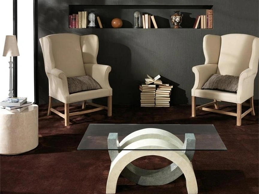 Tavolino con top in vetro e base in pietra fossile Olimpia di Stones