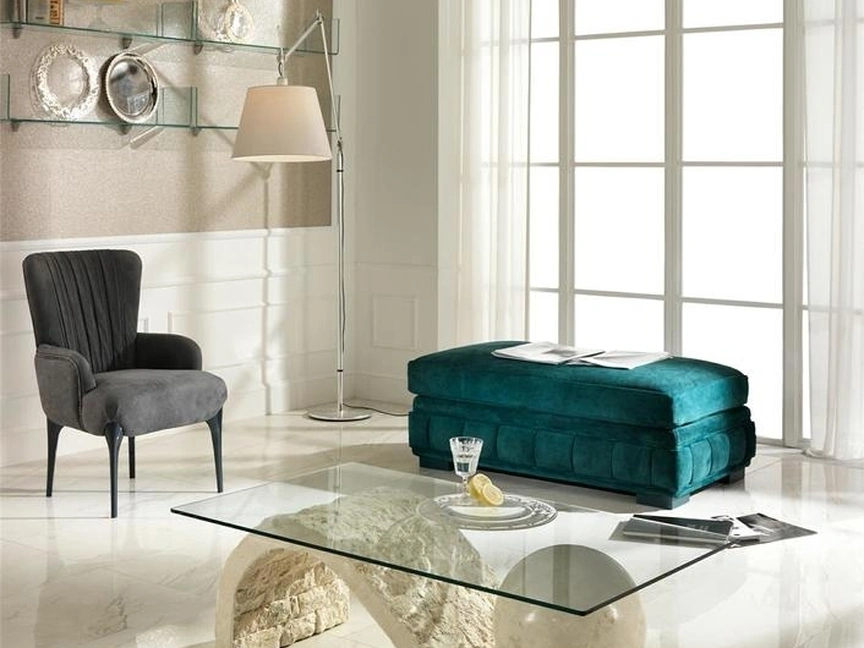 Tavolino Onda in vetro con base in pietra fossile di Stones