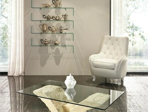 Tavolino Papillon con base in pietra fossile e top in vetro temprato di Stones