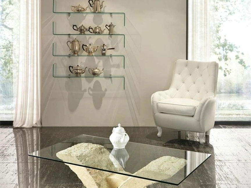 Tavolino Papillon con base in pietra fossile e top in vetro temprato di Stones