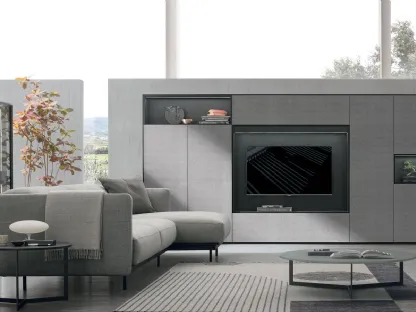 Parete Attrezzata Atlante UNIT AT202 in materico paglia grigio, materico rovere carbone e rovere carbone canettè di Tomasella