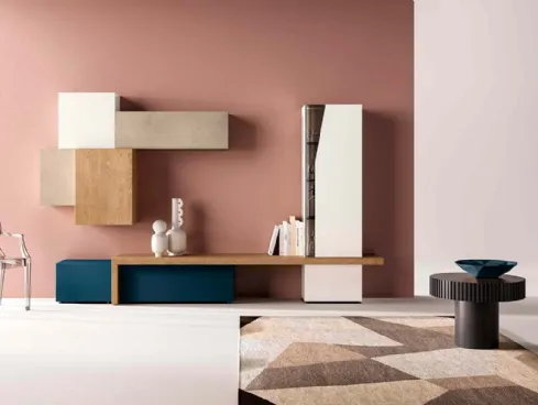 Parete Attrezzata Kosmos KC104 in laccato opaco e legno di Mercantini