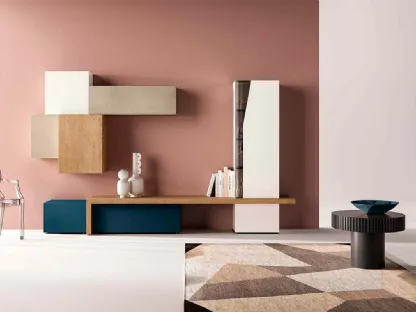 Parete Attrezzata Kosmos KC104 in laccato opaco e legno di Mercantini