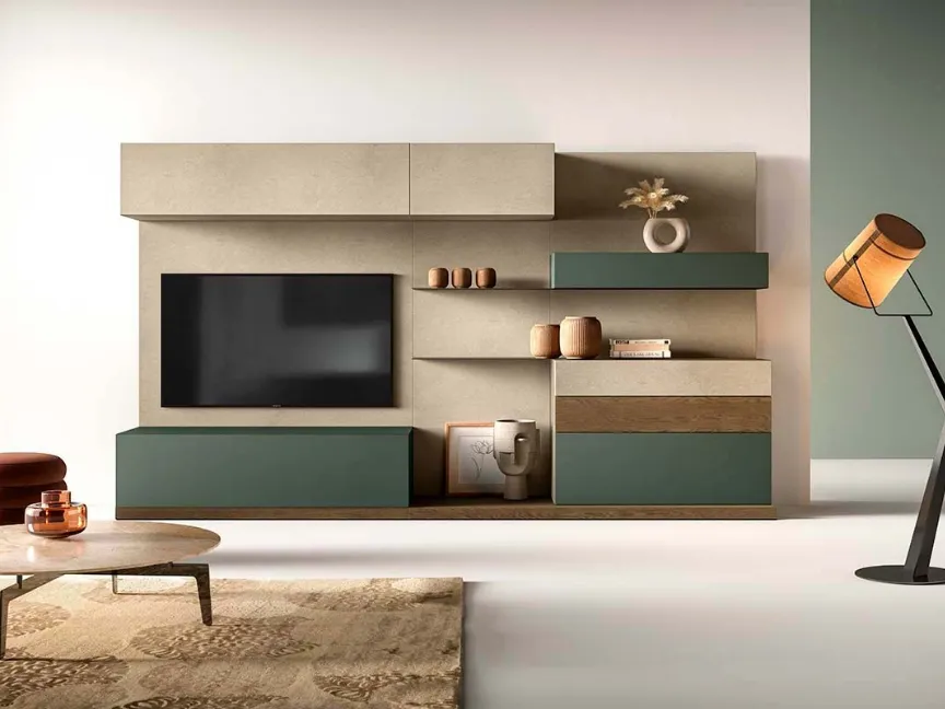 Parete Attrezzata Kosmos KC106 in laccato opaco e legno di Mercantini