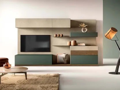 Parete Attrezzata Kosmos KC106 in laccato opaco e legno di Mercantini