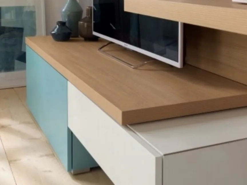 Parete Attrezzata moderna in essenza legno d'olmo abbinata al laccato bianco, cielo e corda LV107 Moretti Compact