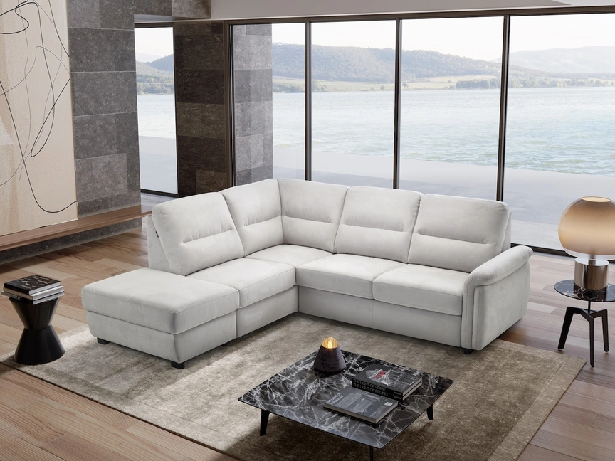 Divano letto angolare in tessuto con pouf contenitore Pirandello di Afosofà