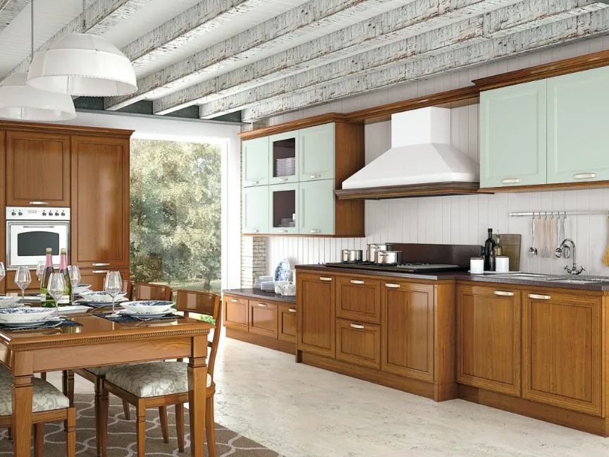 Cucina Classica lineare bicolore in legno naturale e laccato bianco I Ciliegi composizione 5 di Le Fablier