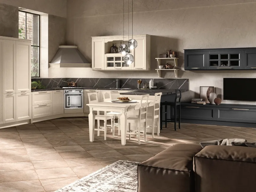 Cucina Classica angolare con penisola Beverly v05 in Frassino Crema di Stosa