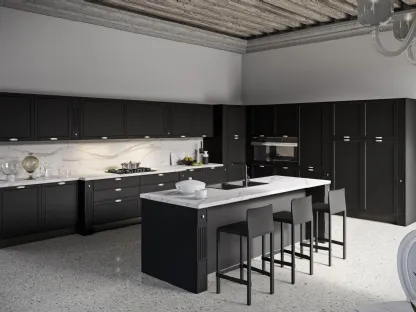 Cucina Classica angolare con isola Tamara 03 in laccato Nero opaco con top in Cemento chiaro di Ciao Cucine