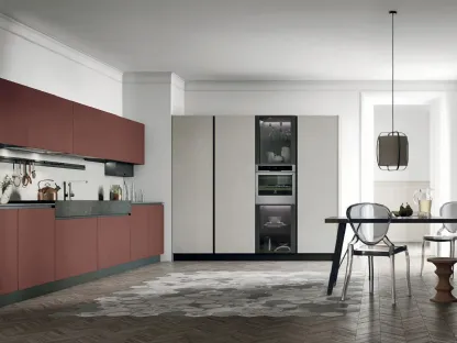 Cucina Moderna ad angolo Alevé v05 in laccato UV Rosso Vino opaco e colonne in laminato materico Pietra Piasentina di Stosa