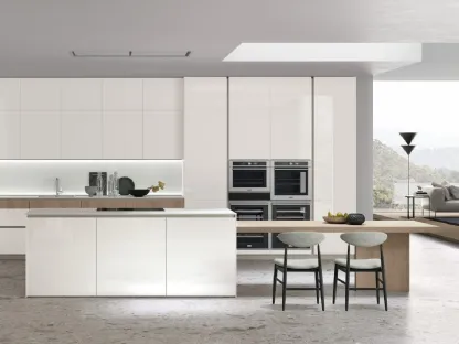 Cucina Moderna Aliant v02 in Vetro lucido Bianco Ice e Rovere Sahara con top in HPL Bianco di Stosa