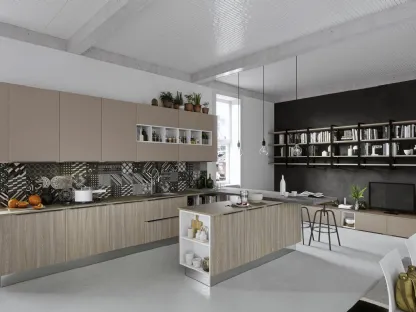 Cucina Moderna Eva in finitura Rovere Cognac e pensili in Vetro laccato Visone opaco con penisola finitura Cemento di Ciao Cucine