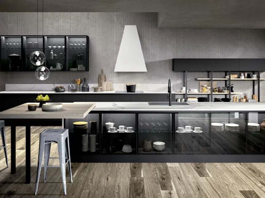 Cucina Moderna con isola in vetro fumé e top in gres statuario con penisola in LPL Rovere Ginevra 01 di Ciao Cucine