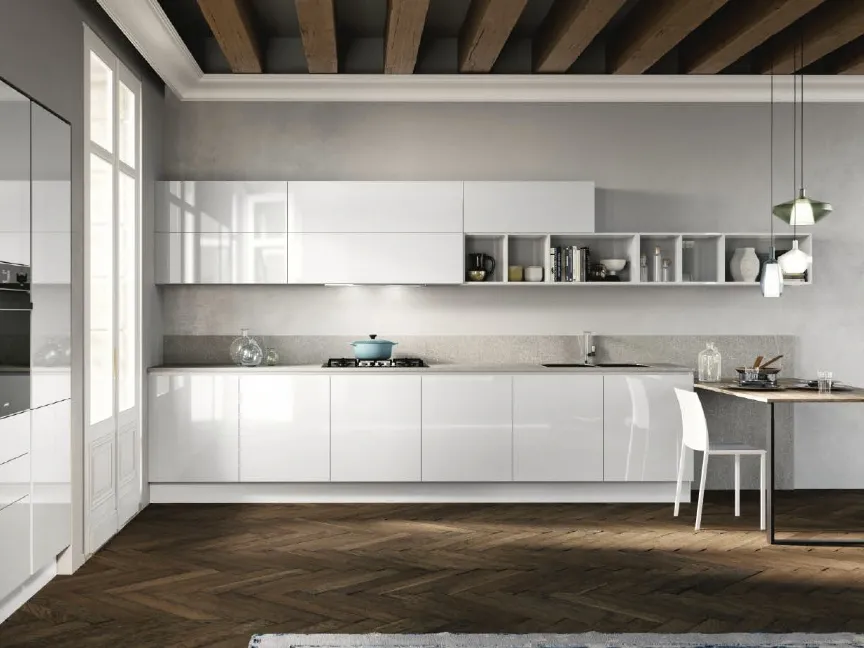 Cucina Moderna con penisola Ginevra 05 in laccato Bianco lucido con top in Dekton Siroco di Ciao Cucine