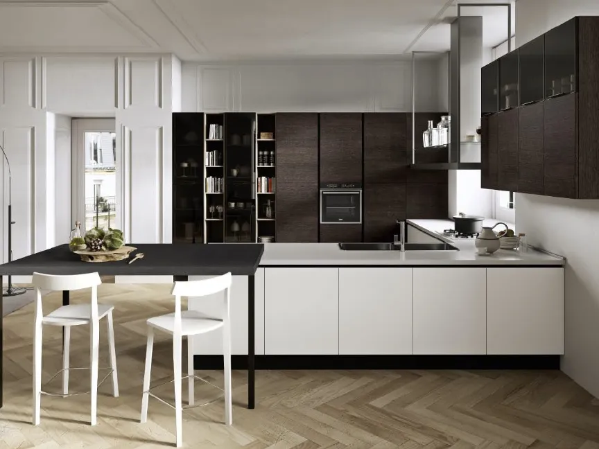 Cucina Moderna con penisola Melania 03 in laccato Bianco opaco e LPL Rovere Cuoio di Ciao Cucine