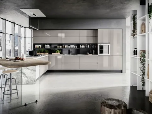 Cucina Moderna ad angolo in laccato lucido Tortora con top in laminato Palladio e penisola in LPL Rovere Bruges Sibilla 02 di Ciao Cucine