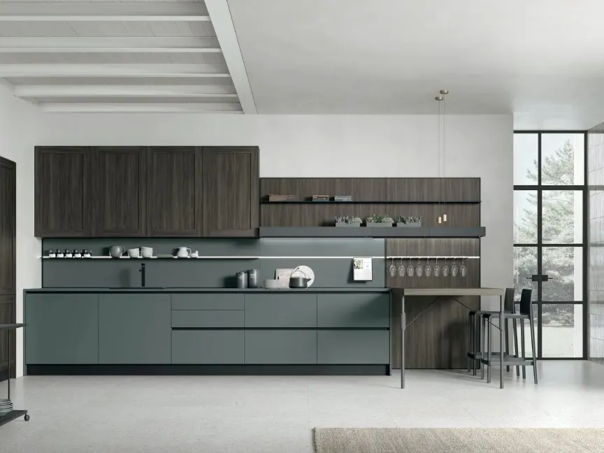 Cucina Moderna con penisola City v04 in Fenix Verde Comodoro e Rovere Cumino di Stosa