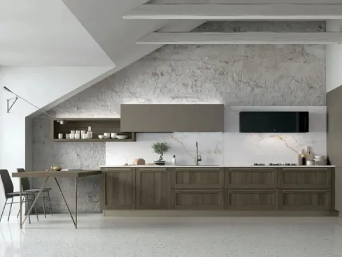 Cucina Moderna ad angolo con penisola City v02 in Termo Strutturato Rovere Liquirizia e Pet Caffè di Stosa