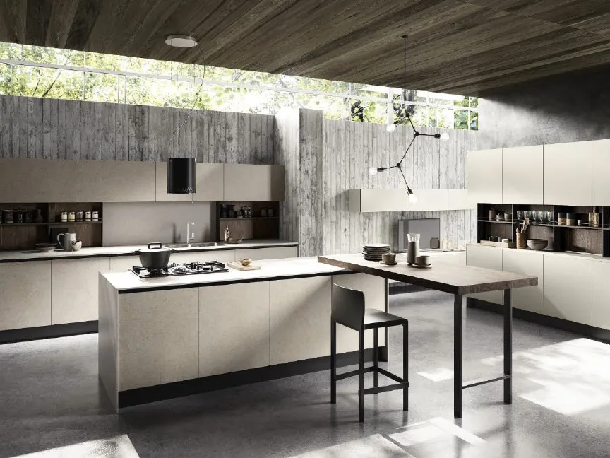 Cucina Moderna con isola Diamante 01 in gres Pietra Luna e vetro Grigio Seta opaco con penisola in LPL Quercia Moka di Ciao Cucine