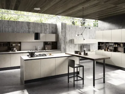 Cucina Moderna con isola Diamante 01 in gres Pietra Luna e vetro Grigio Seta opaco con penisola in LPL Quercia Moka di Ciao Cucine