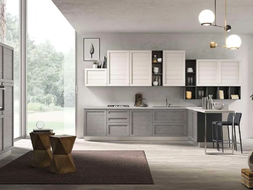 Cucina Moderna in legno con penisola Elsa 03 finitura Grigio Fumo e Bianco di Net Cucine