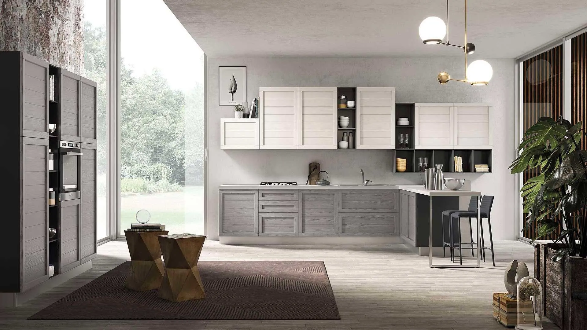 Cucina Moderna con penisola Elsa Grigio Fumo e Bianco di Net Cucine