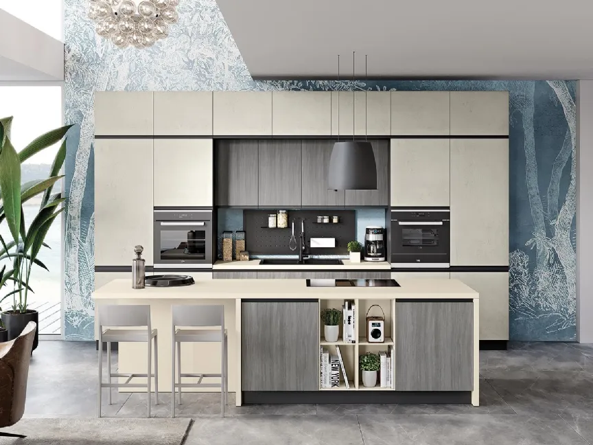 Cucina Moderna Era 05 Urban Avorio e Legno Grigio di Net Cucine