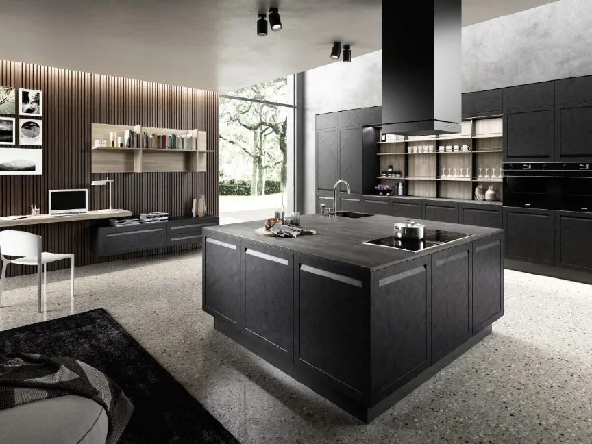 Cucina Moderna con isola Ester 01 in Pet Malta scura con top in stratificato tavolato Carbone di Ciao Cucine