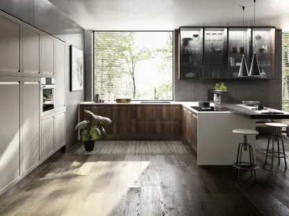 Cucina Moderna angolare con penisola Ester 02 in Pet Noce scuro con top in laminato Bianco di Ciao Cucine