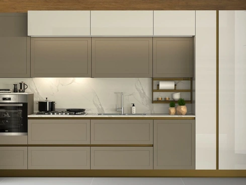 Cucina Moderna lineare Gaia Pet tortora opaco e bianco lucido di Mobilturi