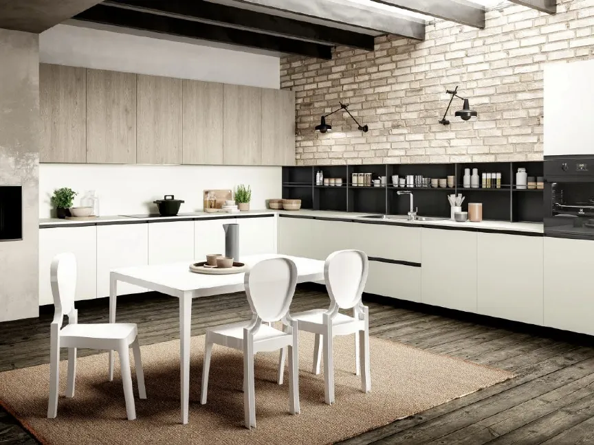 Cucina Moderna angolare Ginevra 02 Giulia in finitura Bianco Seta e Nero opaco con pensili in LPL Rovere Cipria di Ciao Cucine