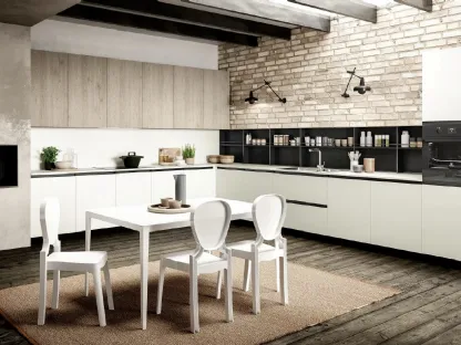 Cucina Moderna angolare Ginevra 02 Giulia in finitura Bianco Seta e Nero opaco con pensili in LPL Rovere Cipria di Ciao Cucine