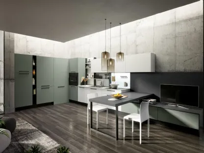 Cucina Moderna angolare Ginevra 03 in finitura LPL Verde Oliva e Bianco Seta con top in laminato Bianco di Ciao Cucine