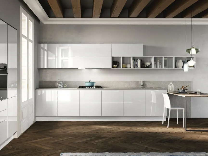 Cucina Moderna lineare Ginevra 05 in laccato Bianco lucido con top in Dekton Siroco di Ciao Cucine
