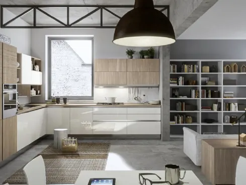 Cucina Moderna ad angolo Ginevra 07 in Pet Bianco Lucido e LPL Rovere Bruges Tranchè di Ciao Cucine