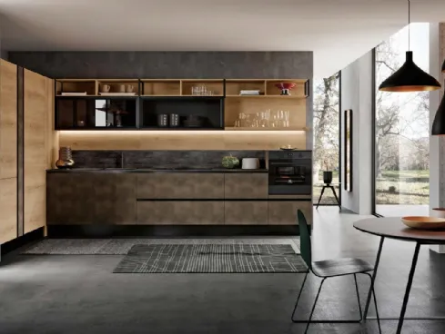 Cucina Moderna lineare in laminato effetto Ossido Brunito e Rovere decapato Panarea DM0657 di Imab