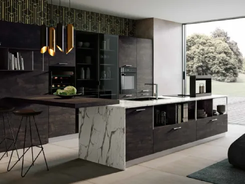 Cucina Moderna con penisola in melaminico Legno bruciato e HPL effetto marmo Piana DM0656 di Imab