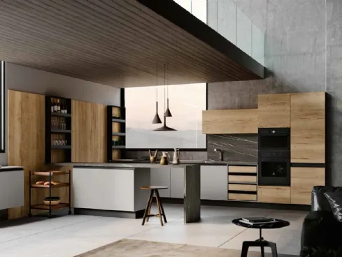 Cucina Moderna lineare in laccato opaco Grigio seta e Rovere chiaro Teia DM0673 di Imab