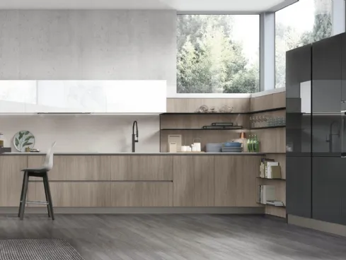 Cucina Moderna con penisola Infinity v06 in Termo Strutturato Rovere Sesamo di Stosa