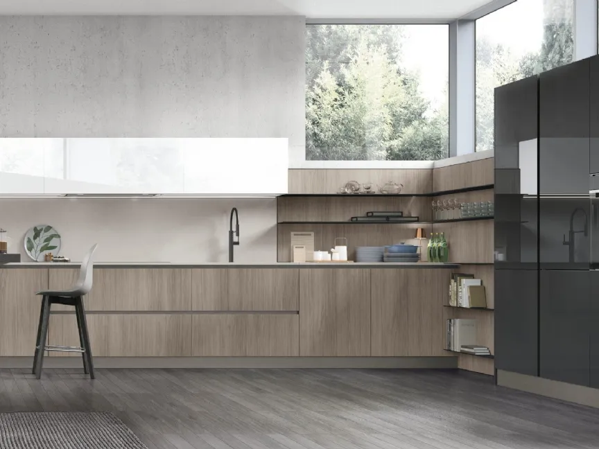 Cucina Moderna con penisola Infinity v06 in Termo Strutturato Rovere Sesamo di Stosa