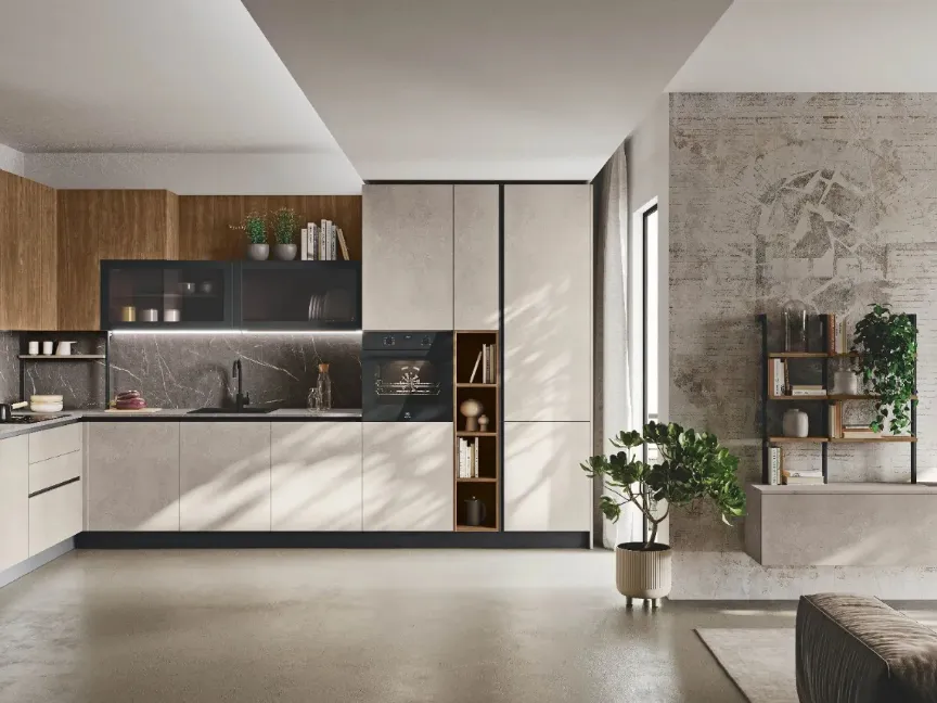 Cucina Moderna angolare Kaya v06 in cemento materico Sand e Termo Strutturato Noce Svezia di Stosa