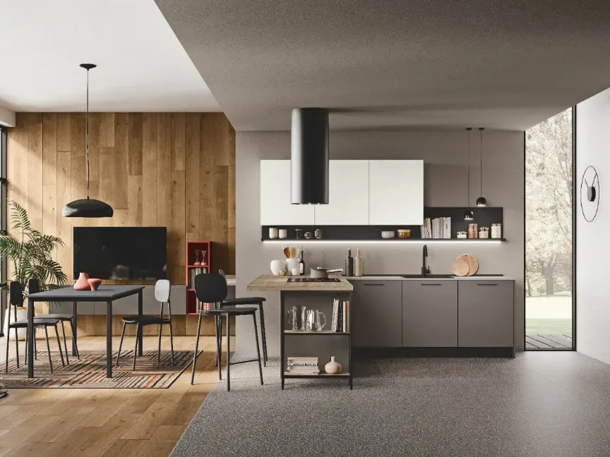 Cucina Moderna con penisola Kaya v02 in nobilitato opaco Smoke Grey e Bianco Soft e legno materico Argentina di Stosa