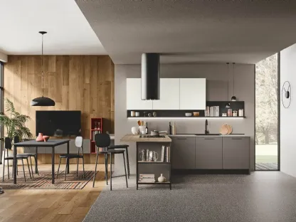 Cucina Moderna con penisola Kaya v02 in nobilitato opaco Smoke Grey e Bianco Soft e legno materico Argentina di Stosa