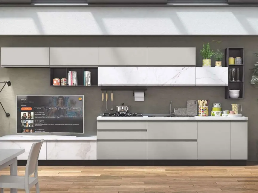 Cucina Moderna Kelly 01 effetto Marmo Bianco e Grigio Acciaio Opaco di Net Cucine