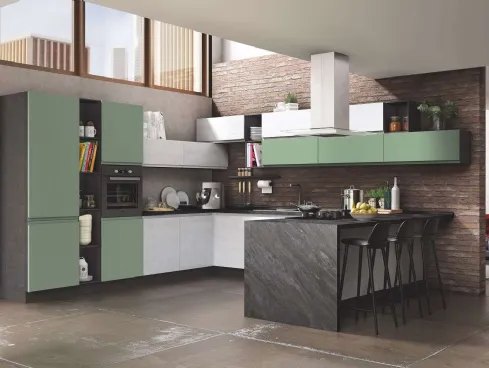 Cucina Moderna Kelly Frassino Bianco e Verde Salvia Opaco di Net Cucine