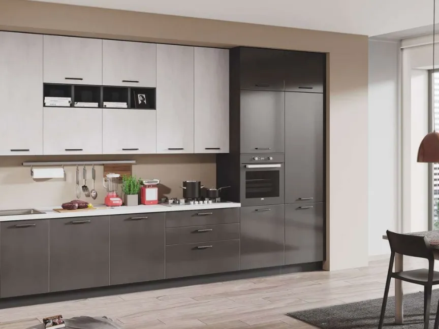 Cucina Moderna Kira 04 Antracite Lucido e Cemento Bianco di Net Cucine