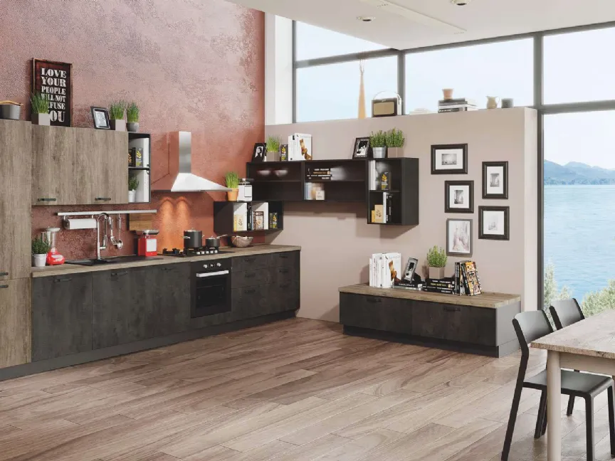 Cucina Moderna Kira 07 Cemento Ardesia e Legno Naturale di Net Cucine