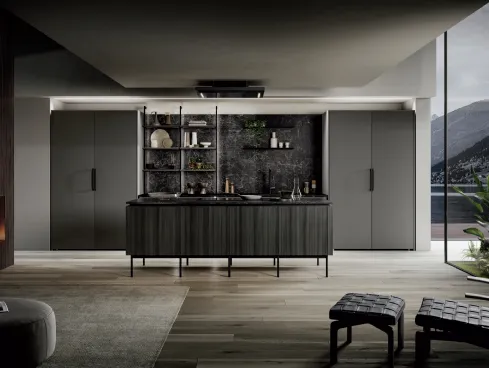 Cucina Moderna con isola Linosa Tropea DM0752 in laccato opaco Grigio cenere e melaminico Noce scuro di Imab