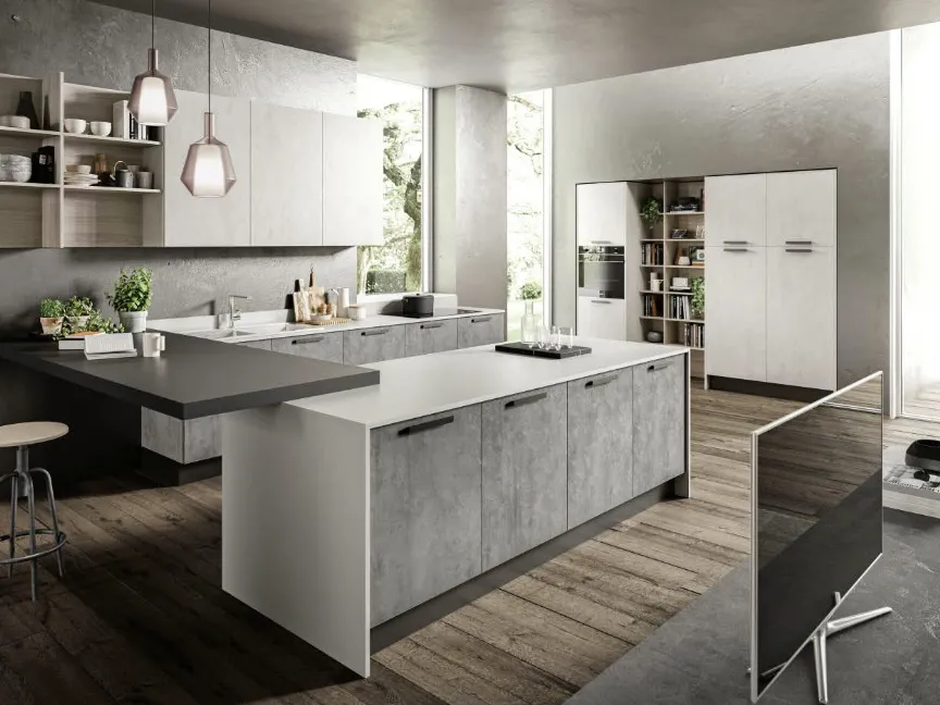 Cucina Moderna Marilyn 03 con finitura effetto malta Beton e top in Fenix Grigio Efeso con penisola in Fenix Nero di Ciao Cucine